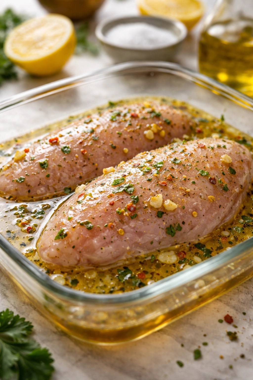 Close-up of raw chicken breast with glossy marinade coating