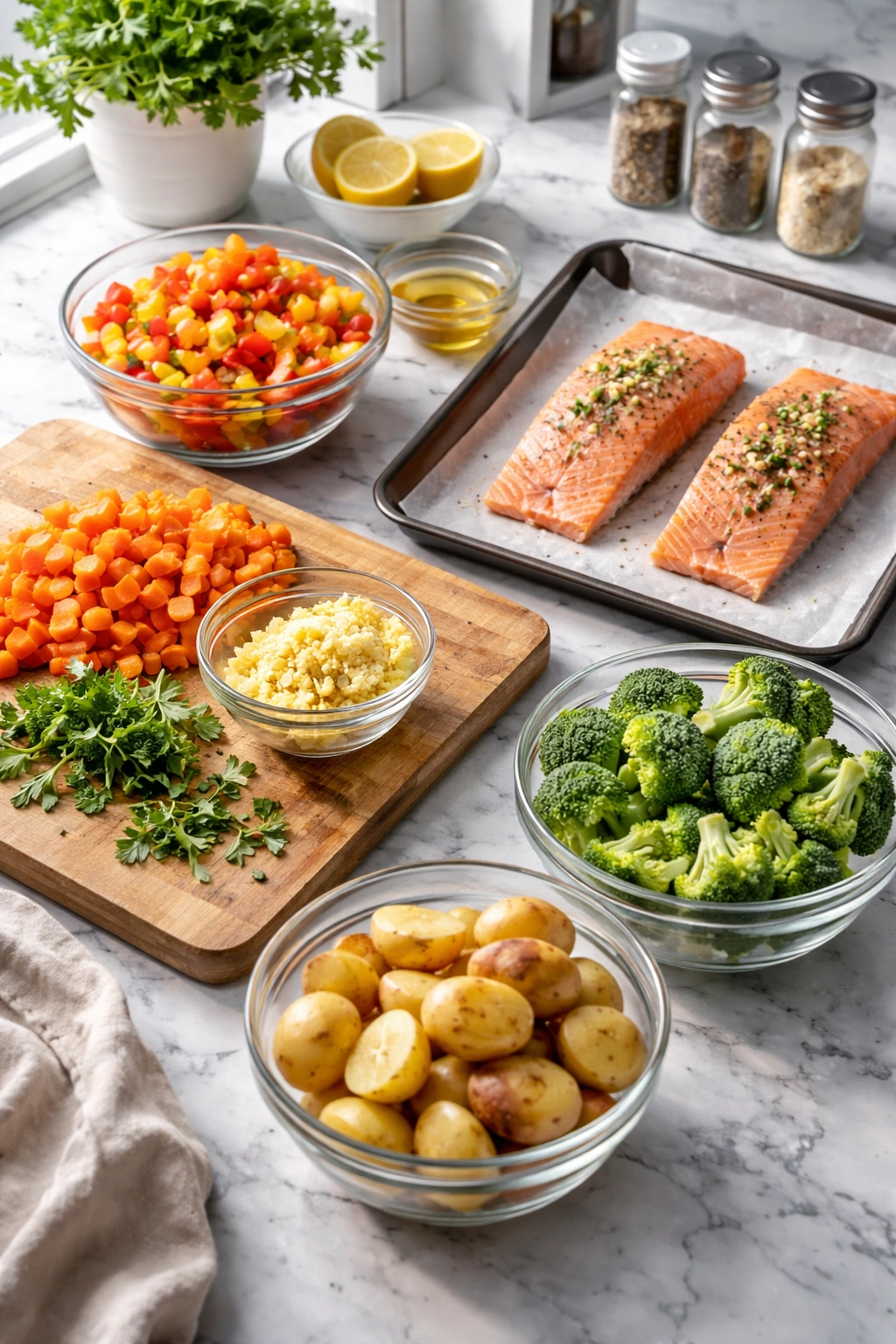 Diced vegetables and salmon portions ready for quick sheet pan dinner