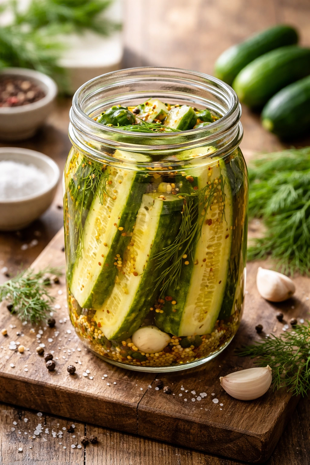 Quart jar of pickles in brine on a wooden surface