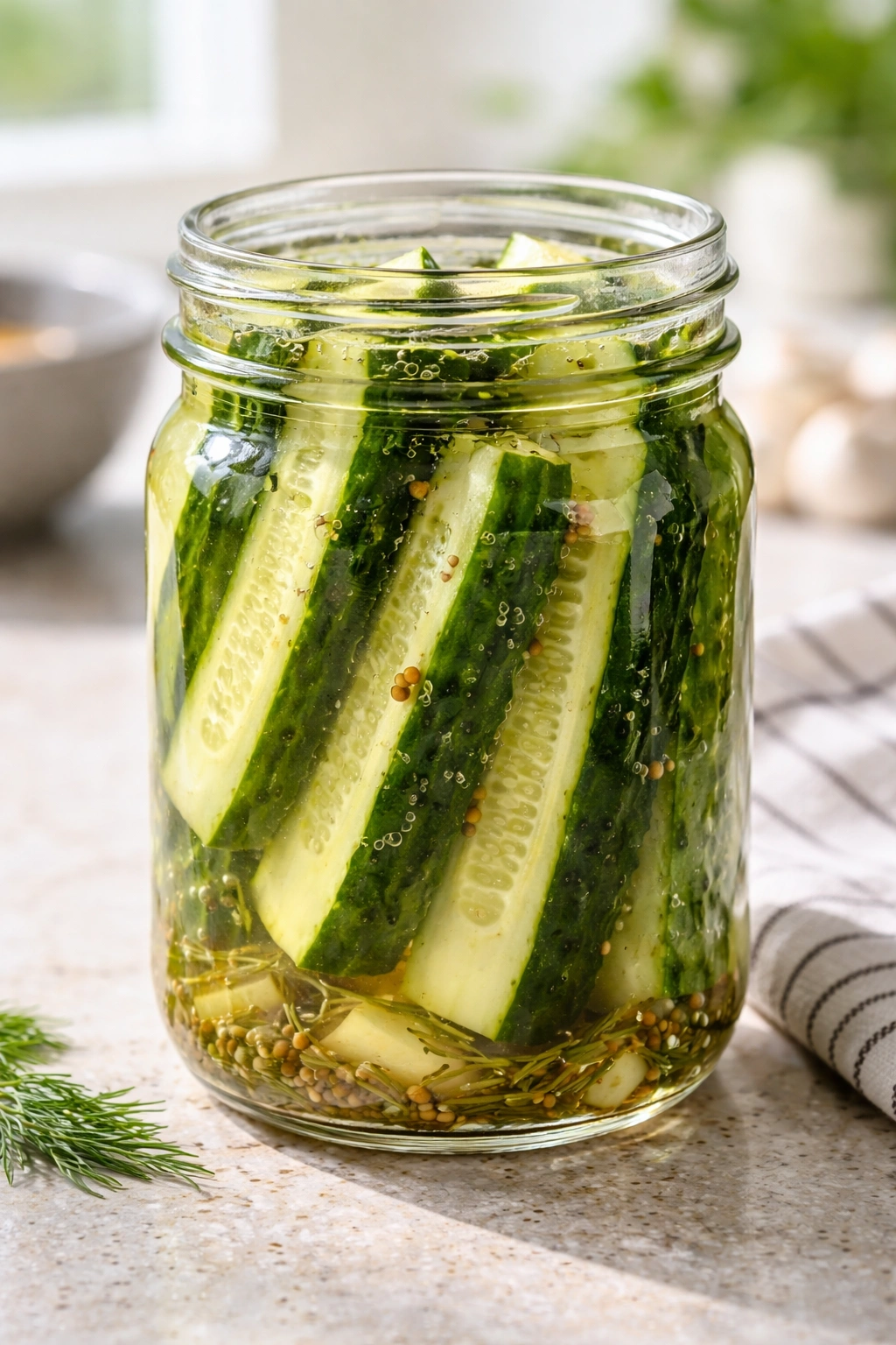Close-up of a glass jar of crisp quick pickles in brine on a kitchen counter