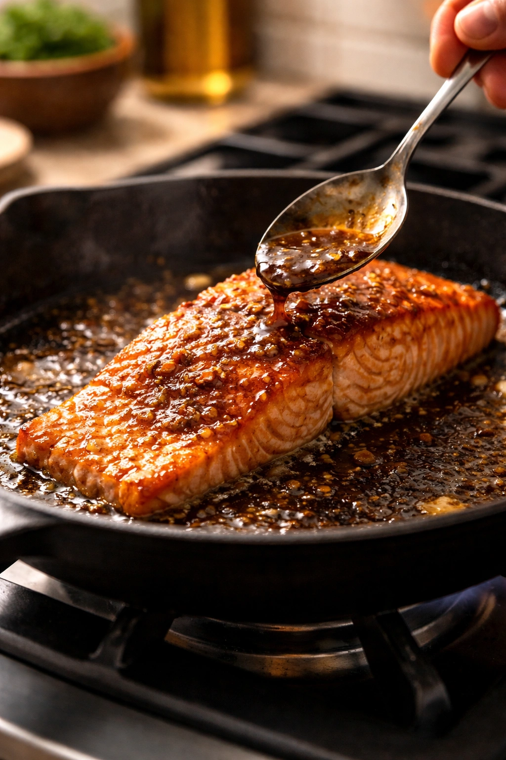Salmon fillet searing in skillet with glossy glaze