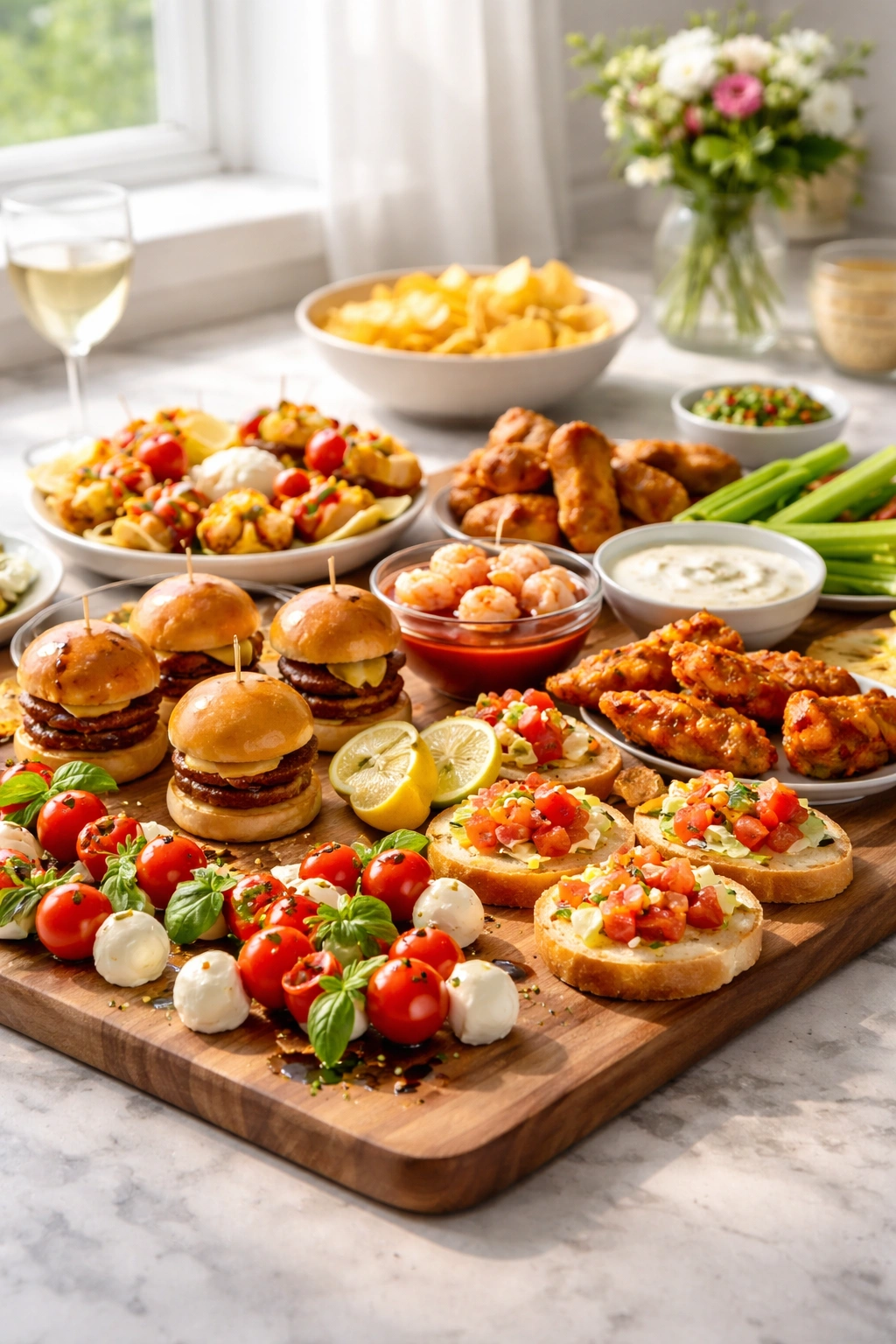 Assorted quick snacks platter for a party on a wooden board