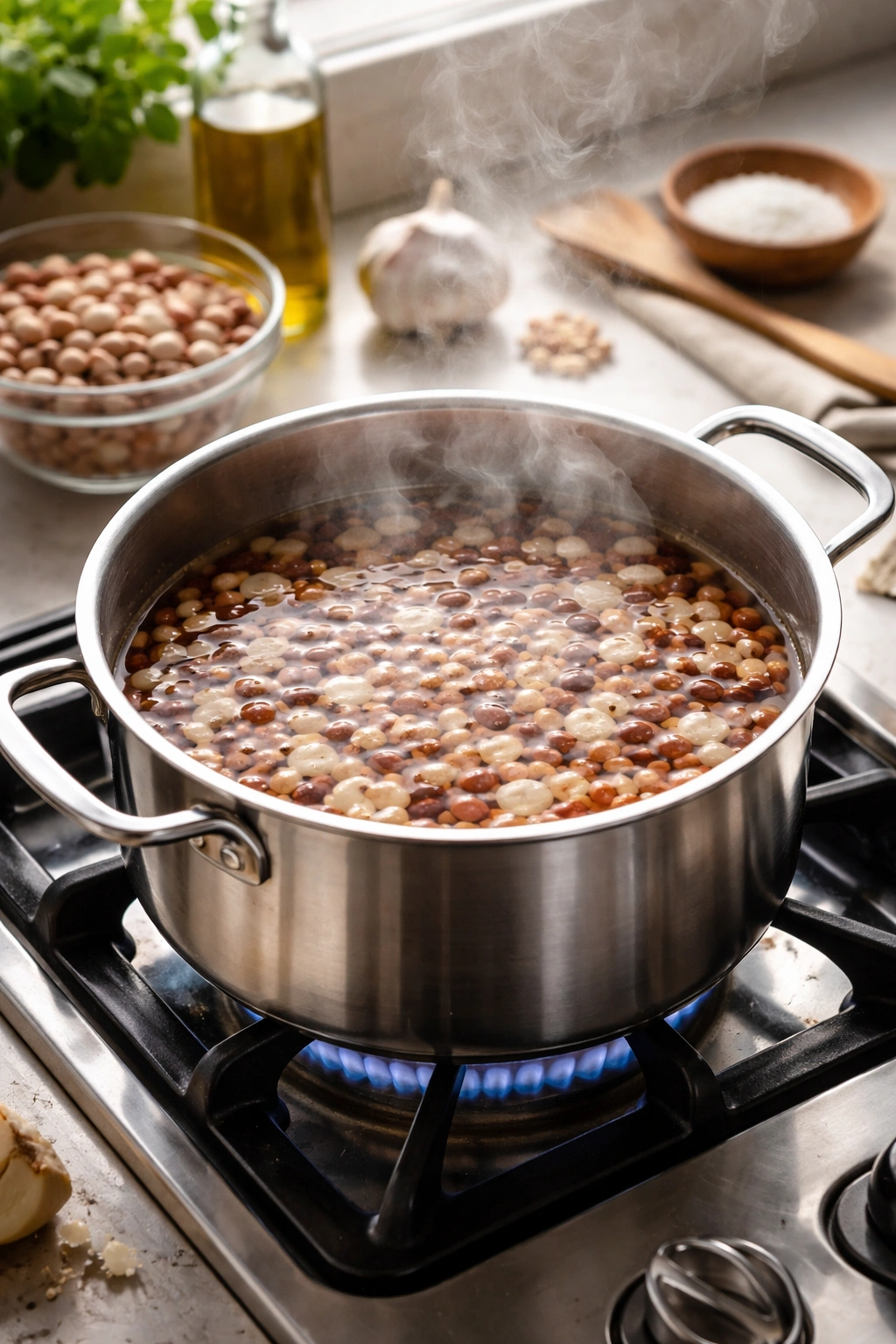Beans soaking in a pot with steam rising on a stove