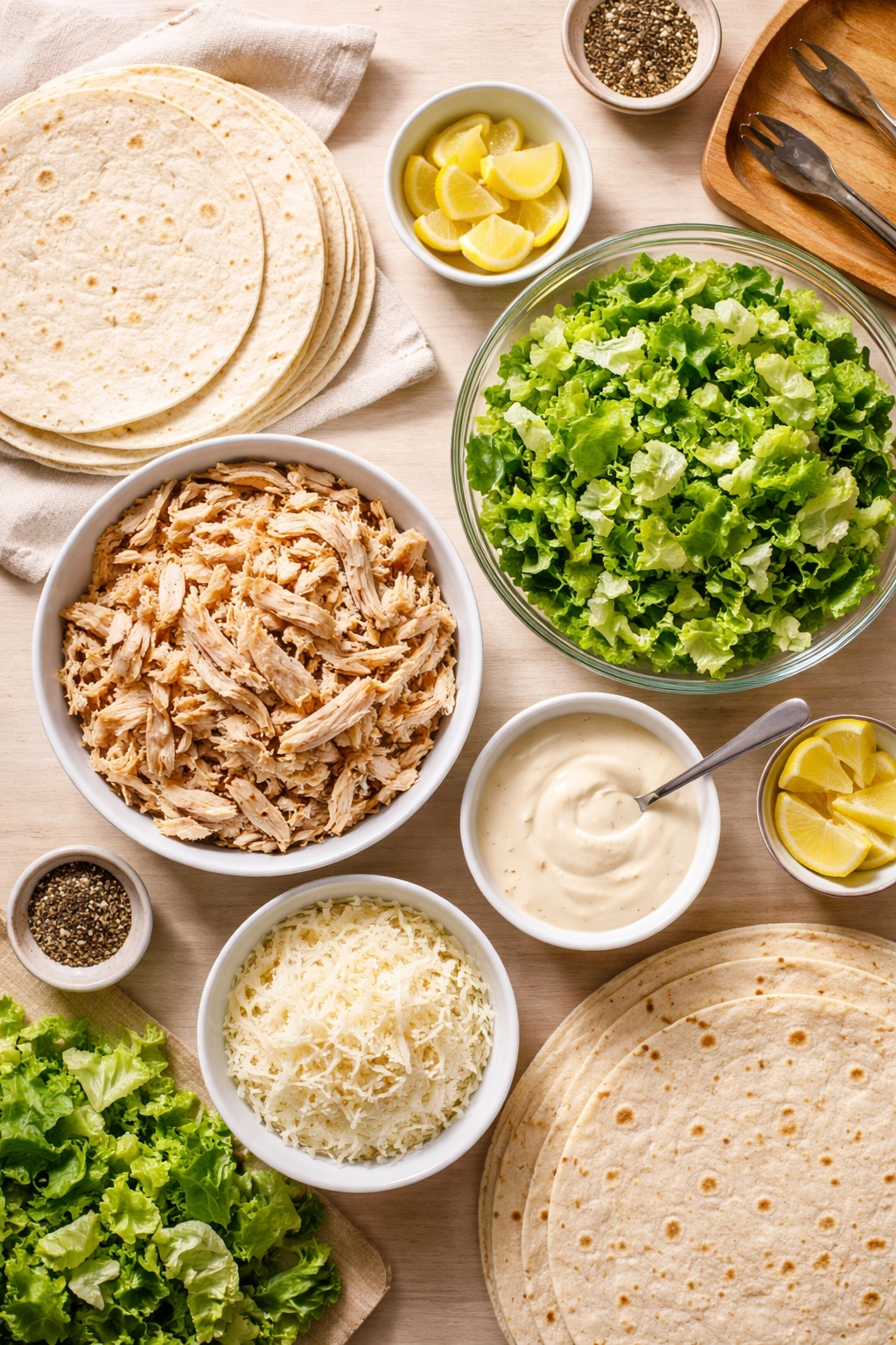 Top-down view of a quick wrap assembly setup with tortillas and fillings