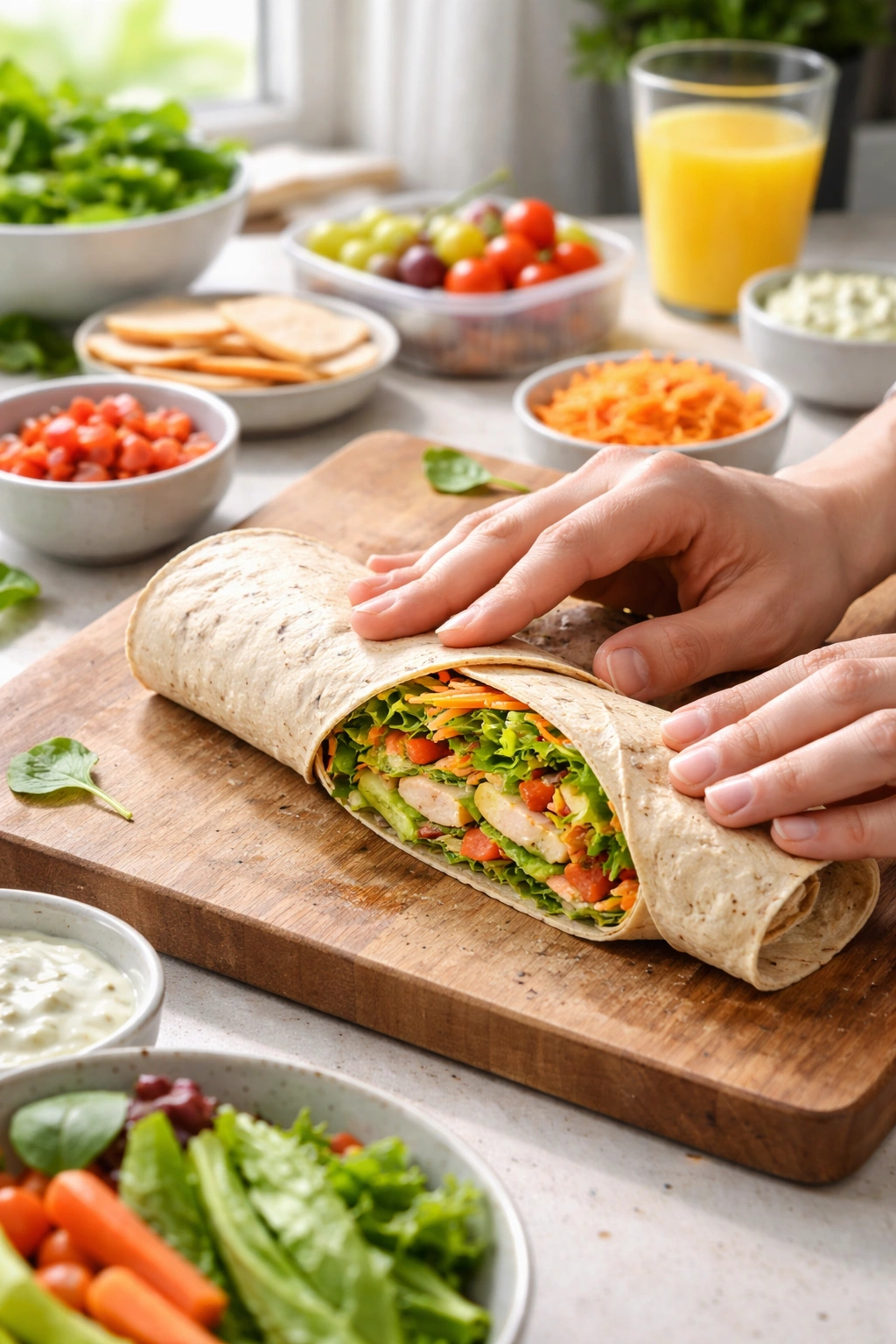 Wrap being rolled on a cutting board by a hand, ready for quick breakfast