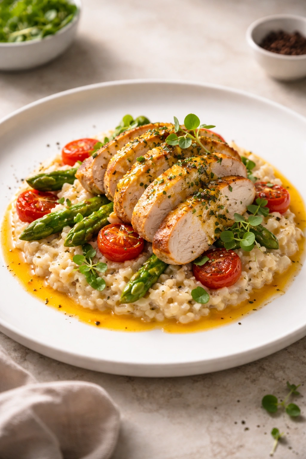 Close-up of an elegant plated dish with vibrant sauce, representing elevated quick meals