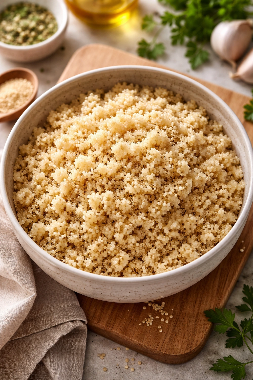 Fluffy quinoa grains cooked in a light broth.