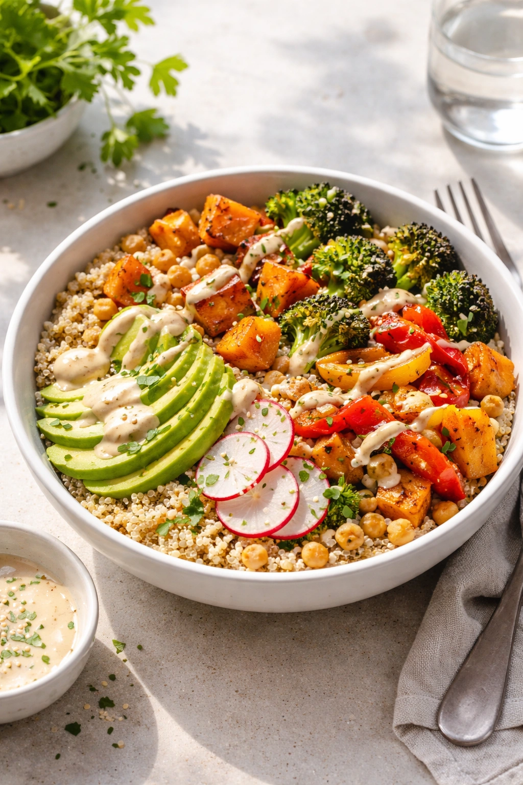Quinoa bowl with roasted vegetables and tahini dressing