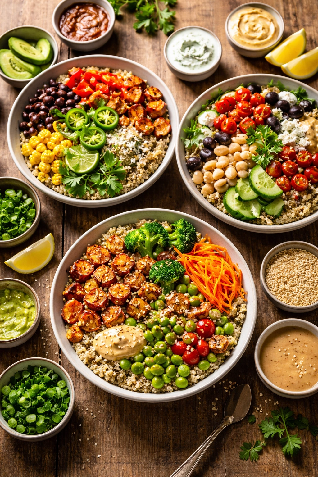 Three quinoa and roasted sweet potato bowls with varied toppings for Southwestern, Mediterranean, and Asian-inspired flavors