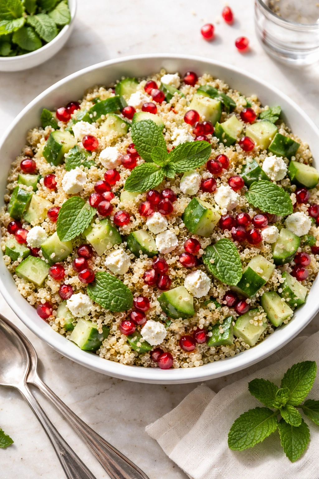 Quinoa salad with cucumber mint feta and pomegranate in a bowl