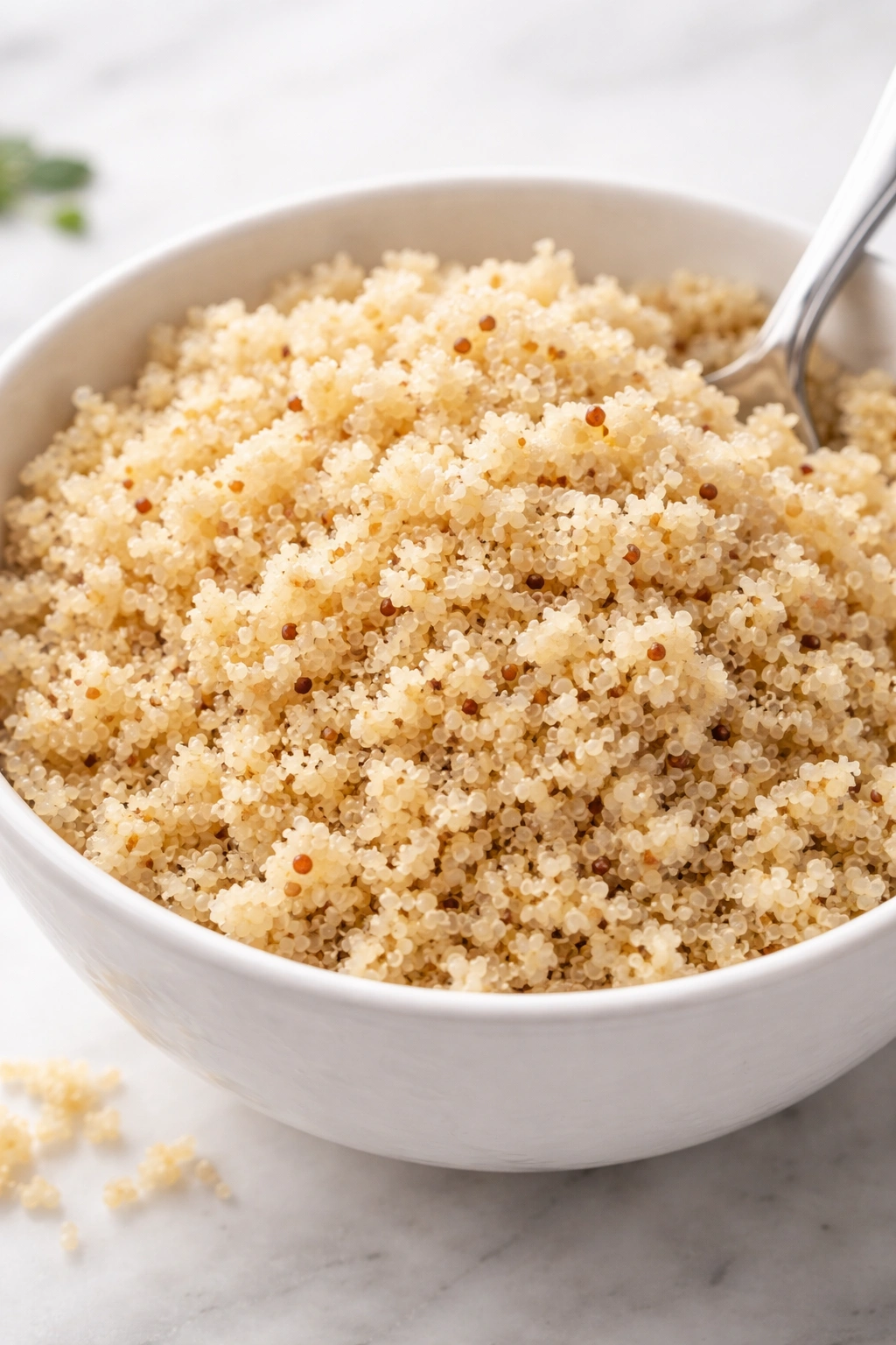 Close-up of fluffy quinoa grains in a bowl, each grain clearly separated