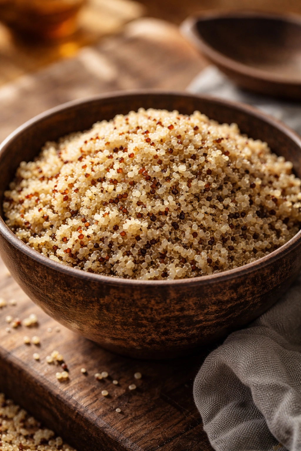 Close-up of fluffy quinoa grains in a rustic bowl for grain base selection, photorealistic.