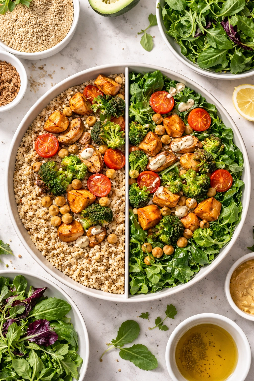 Bowl with half quinoa and half greens base for meal prep bowls
