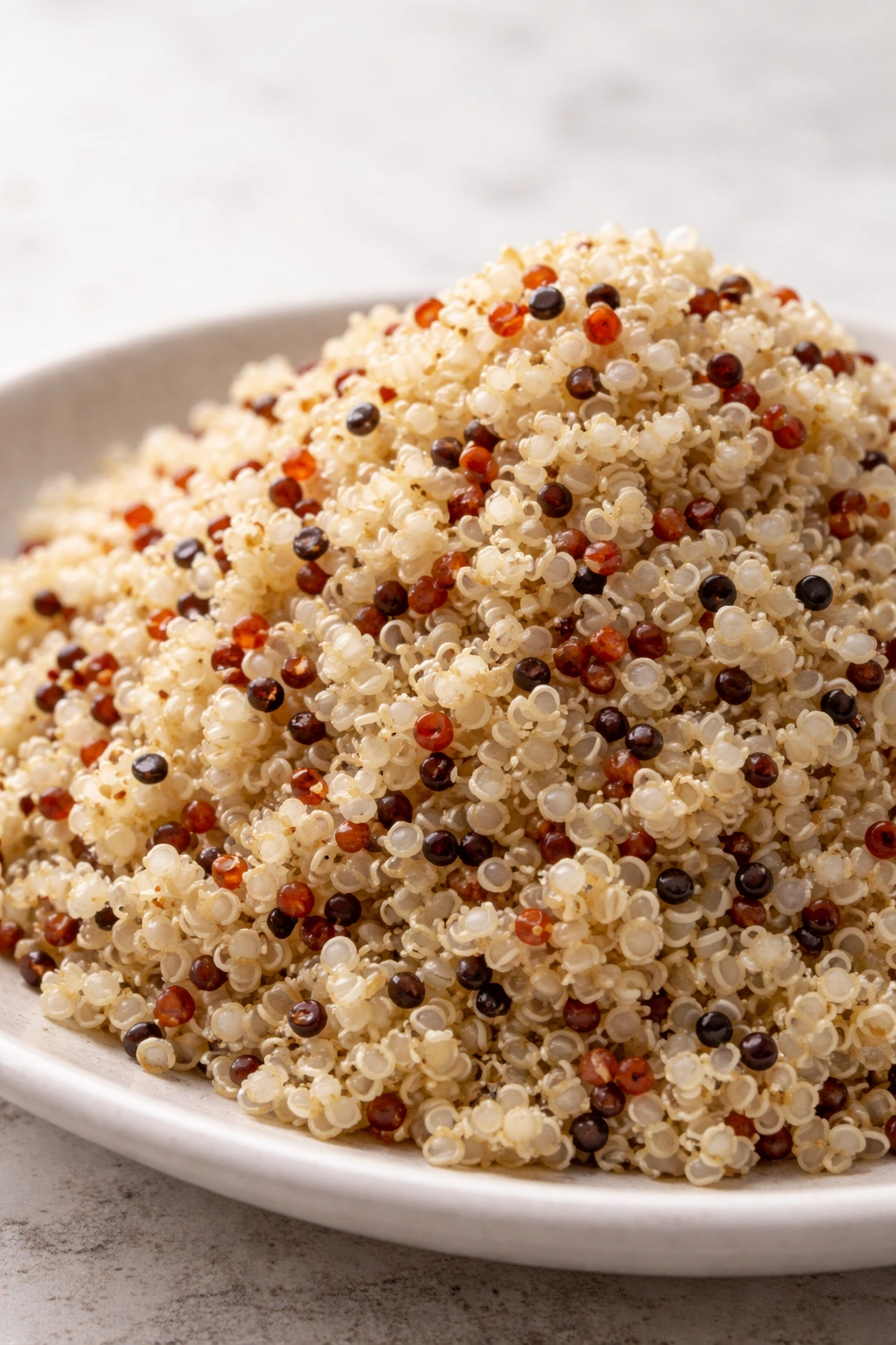 Close-up of fluffy quinoa with visible germ.