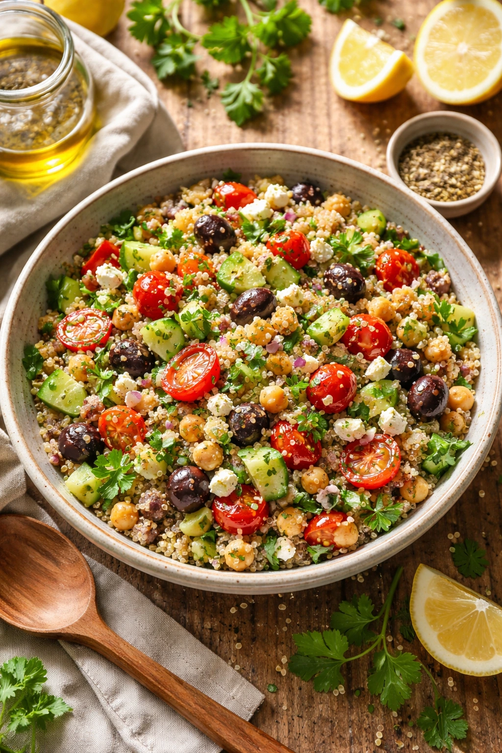 Close-up of Mediterranean quinoa salad with chickpeas, olives and herbs in a rustic bowl