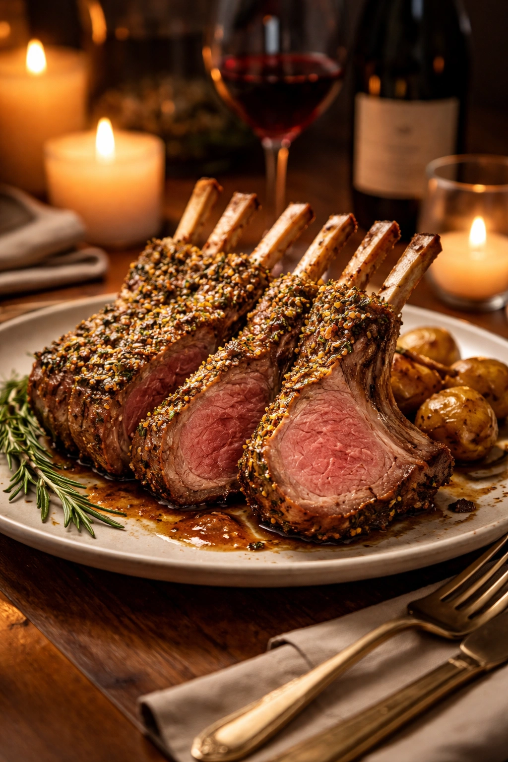 Rack of lamb with herb crust on plate, elegant date-night presentation