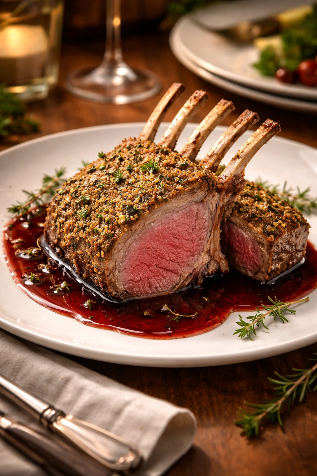 Frenched rack of lamb with herb crust and red wine reduction on plate