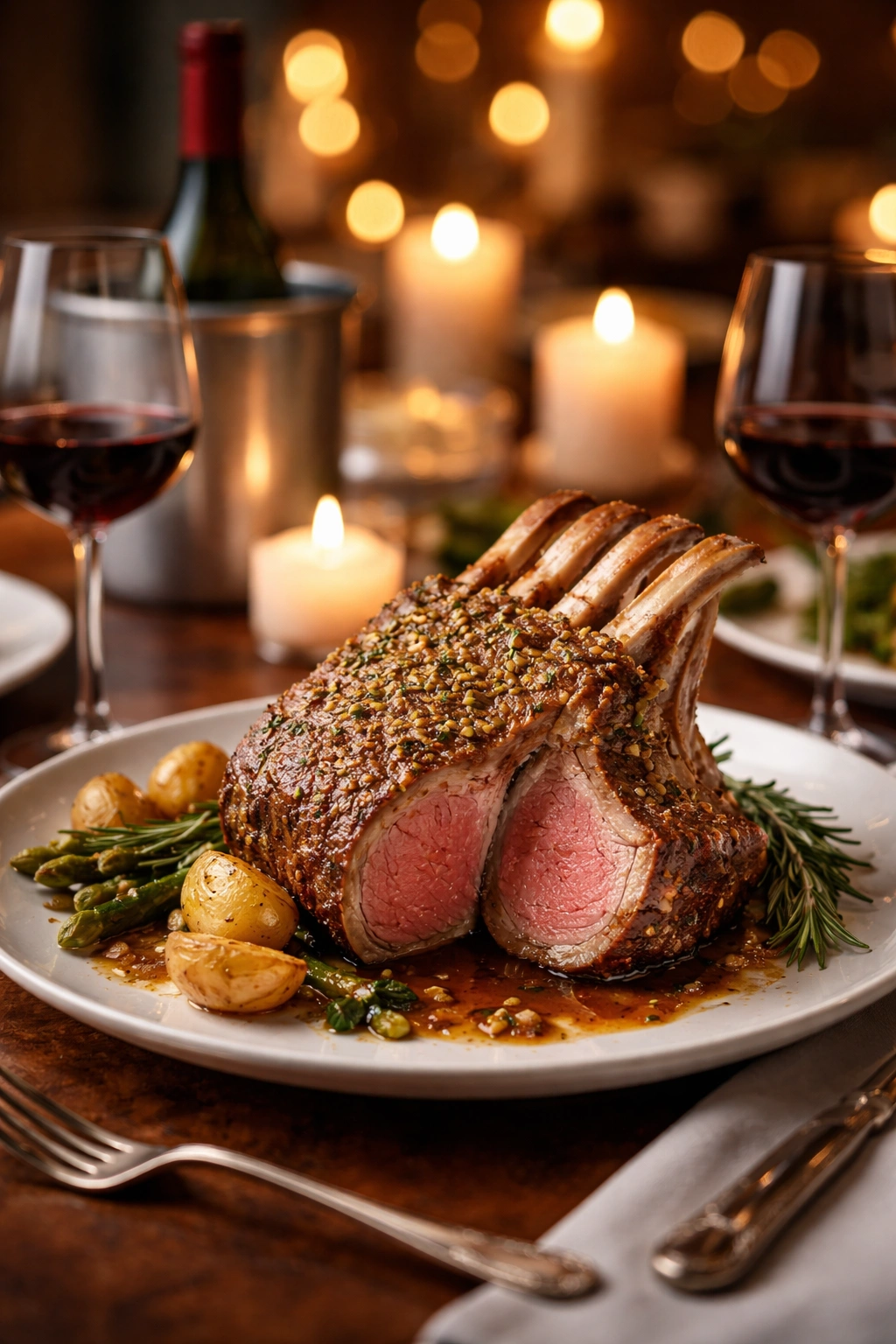 Plated rack of lamb on a plate with candlelight ambiance