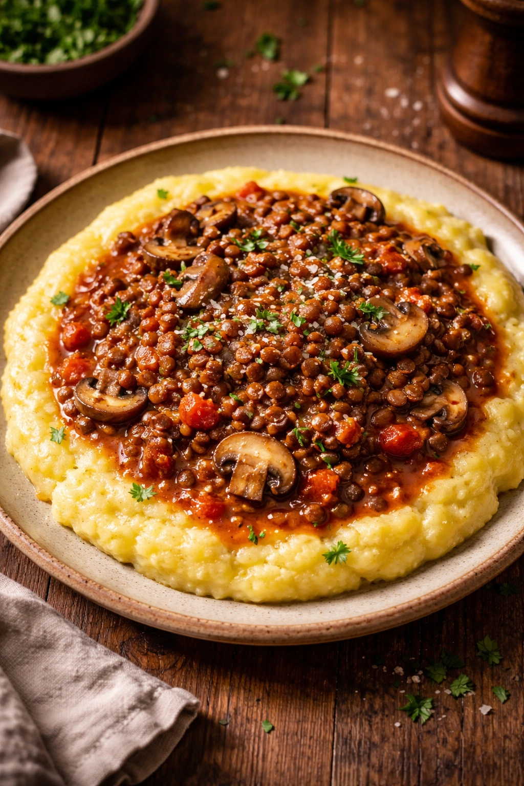 Close-up of lentil and mushroom ragù over creamy polenta on a rustic plate