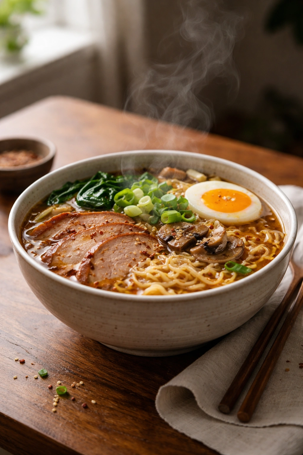 Close-up of a steaming bowl of homemade ramen on a wooden table with warm light
