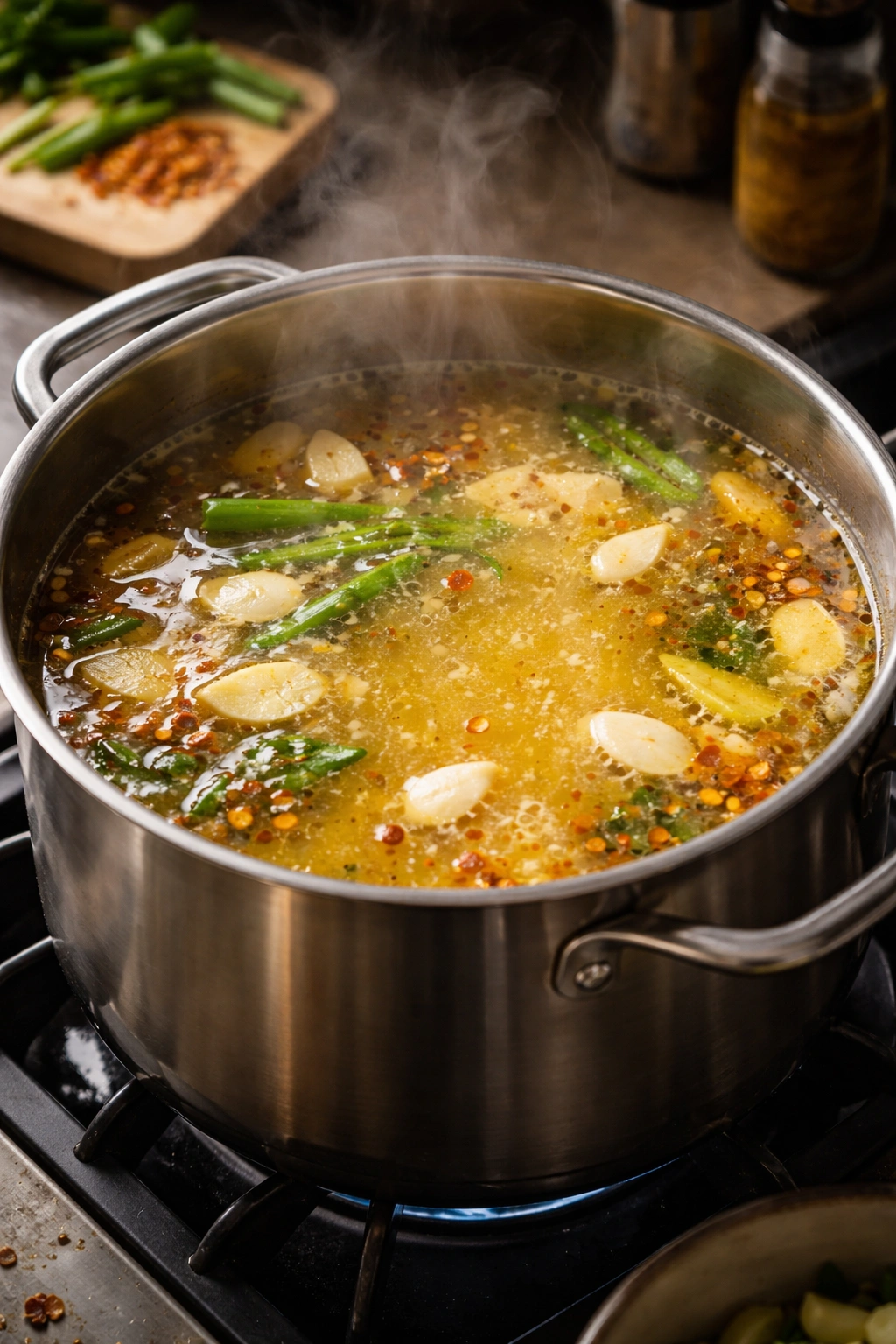 Pot of simmering ramen broth with garlic and ginger aromatics