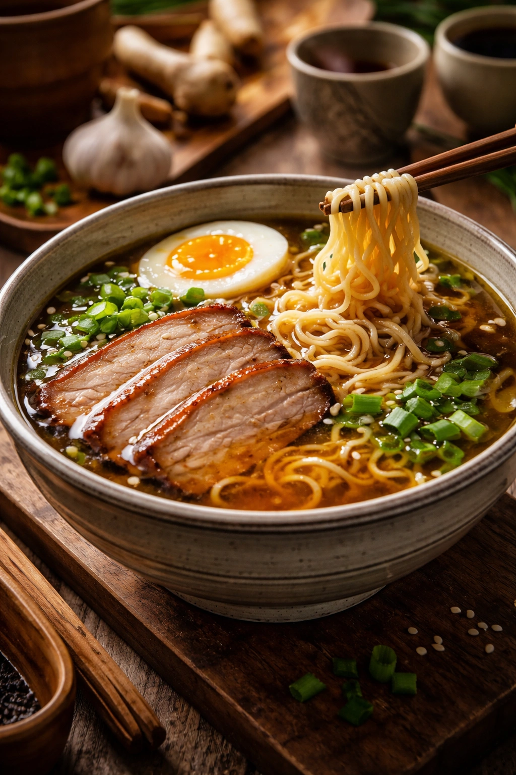 Close-up of a steaming bowl of homemade ramen with broth, noodles, pork and green onions