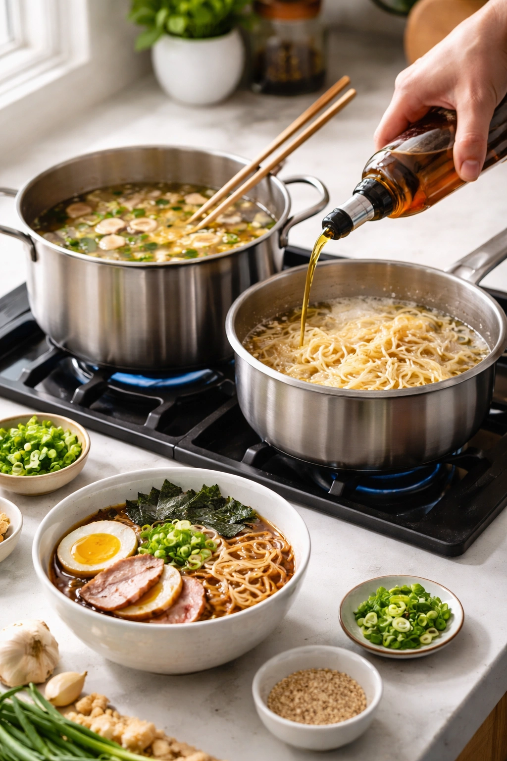 Two-pot setup showing separate noodles and broth to avoid cloudiness in ramen