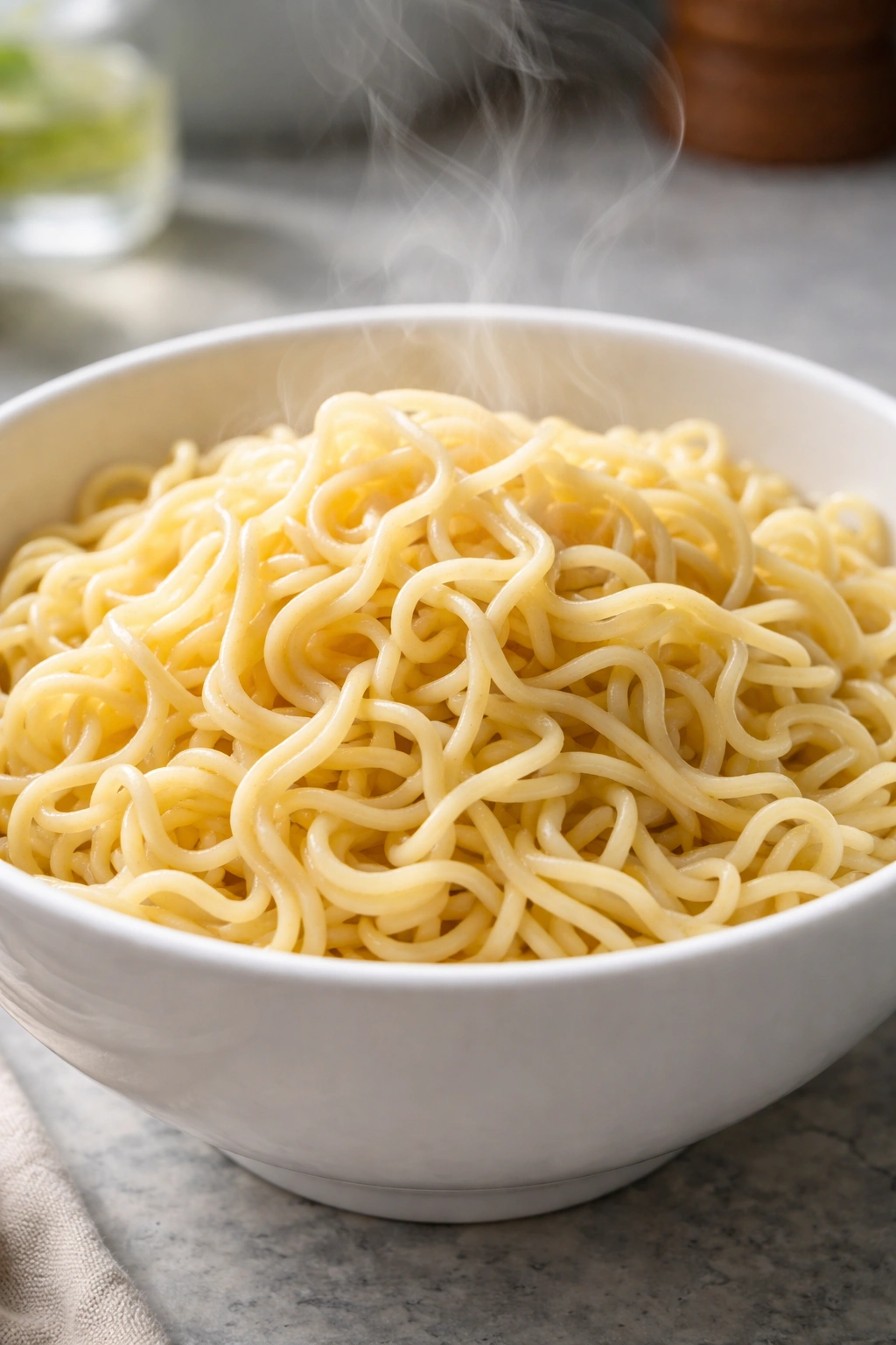 Glossy ramen noodles in a white bowl with steam