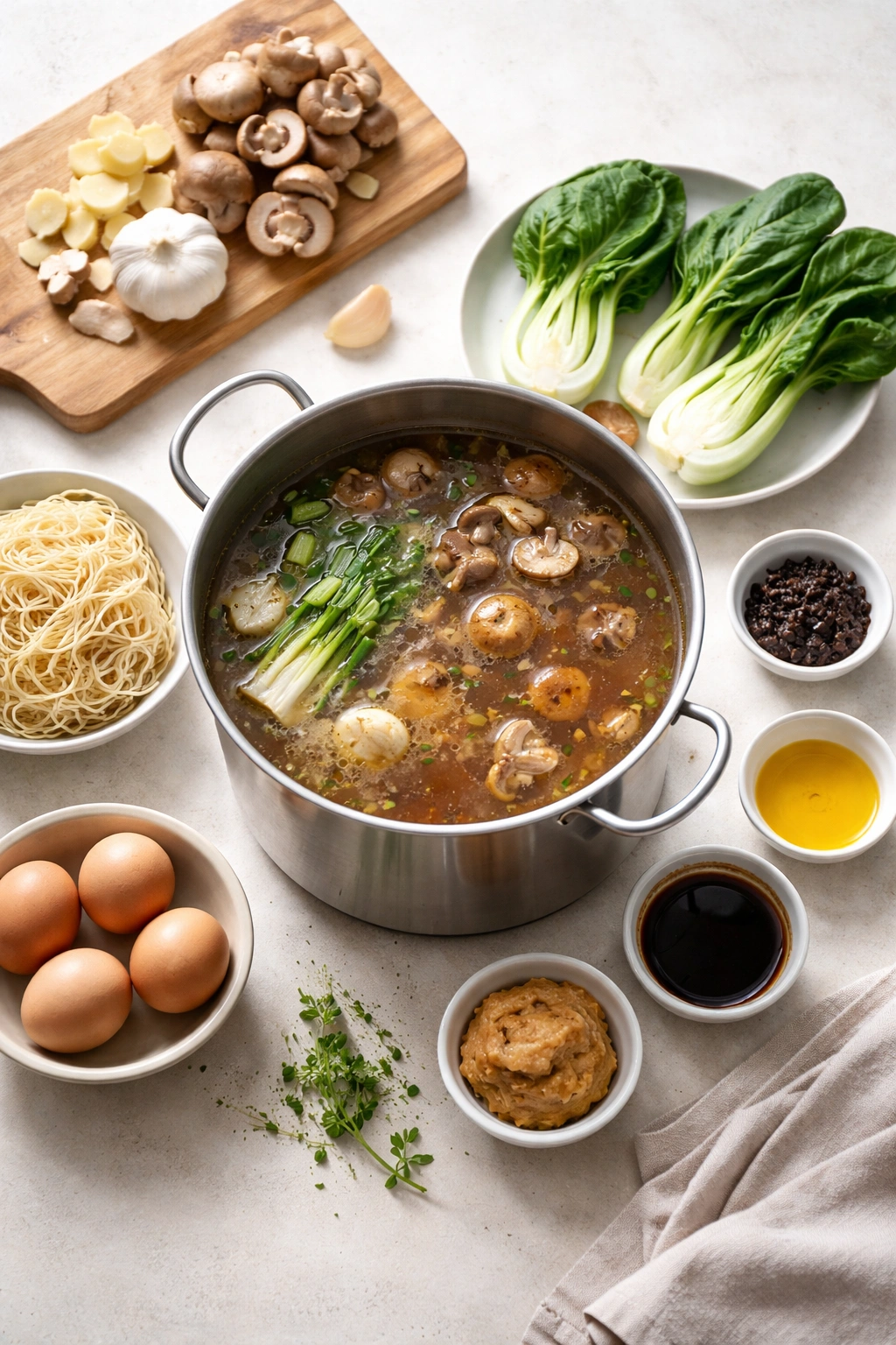 Overhead ramen setup with broth, garlic, ginger, mushrooms, greens, and noodles for complete recipe