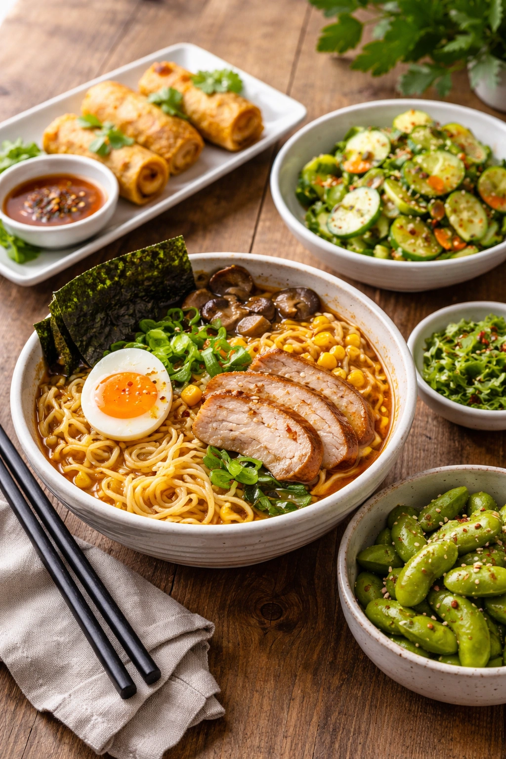 Ramen with side dishes like spring rolls and salad for a complete meal