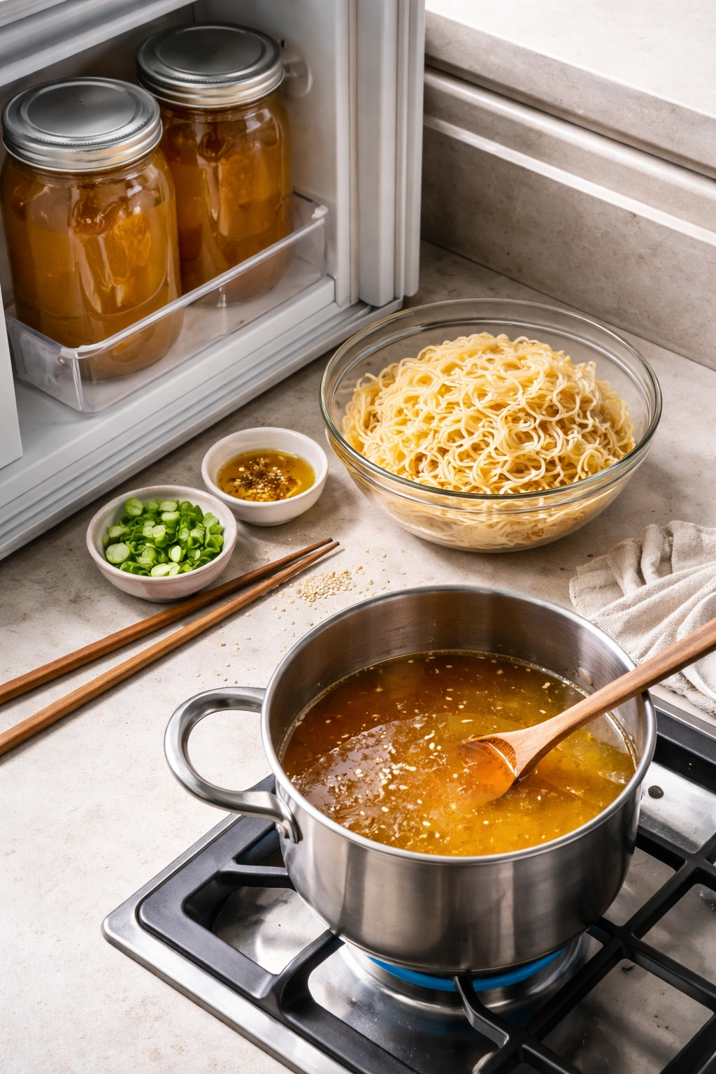 Separated broth and noodles in containers ready for storage and reheating