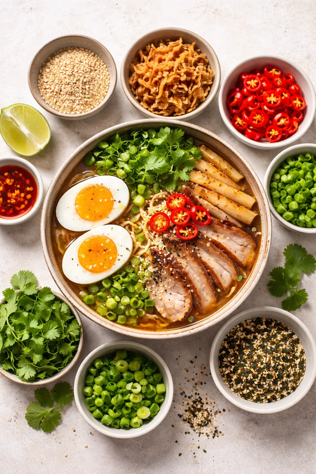 Assorted ramen toppings arranged around a central bowl