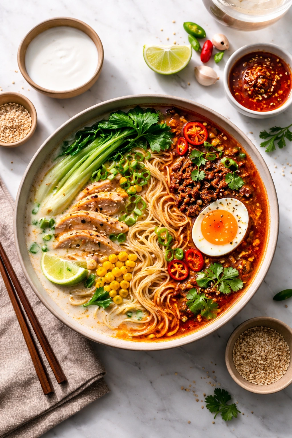 Ramen bowl with creamy and spicy variation visually depicted