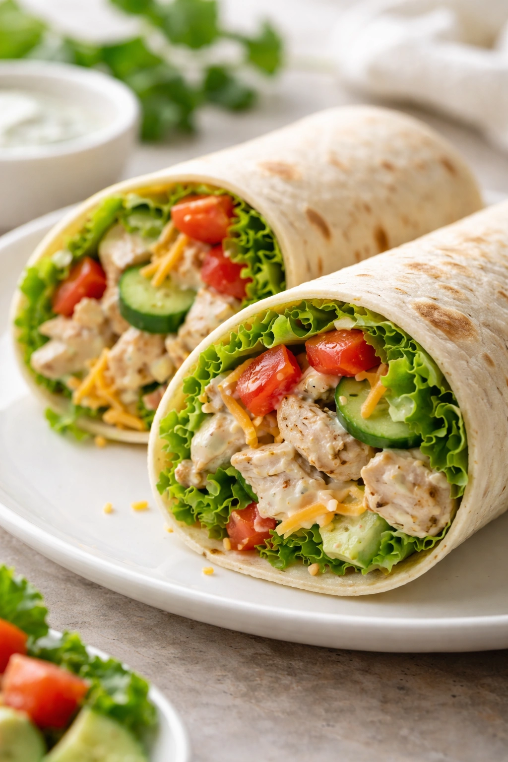 Wrap with ranch dressing and chicken visible on plate