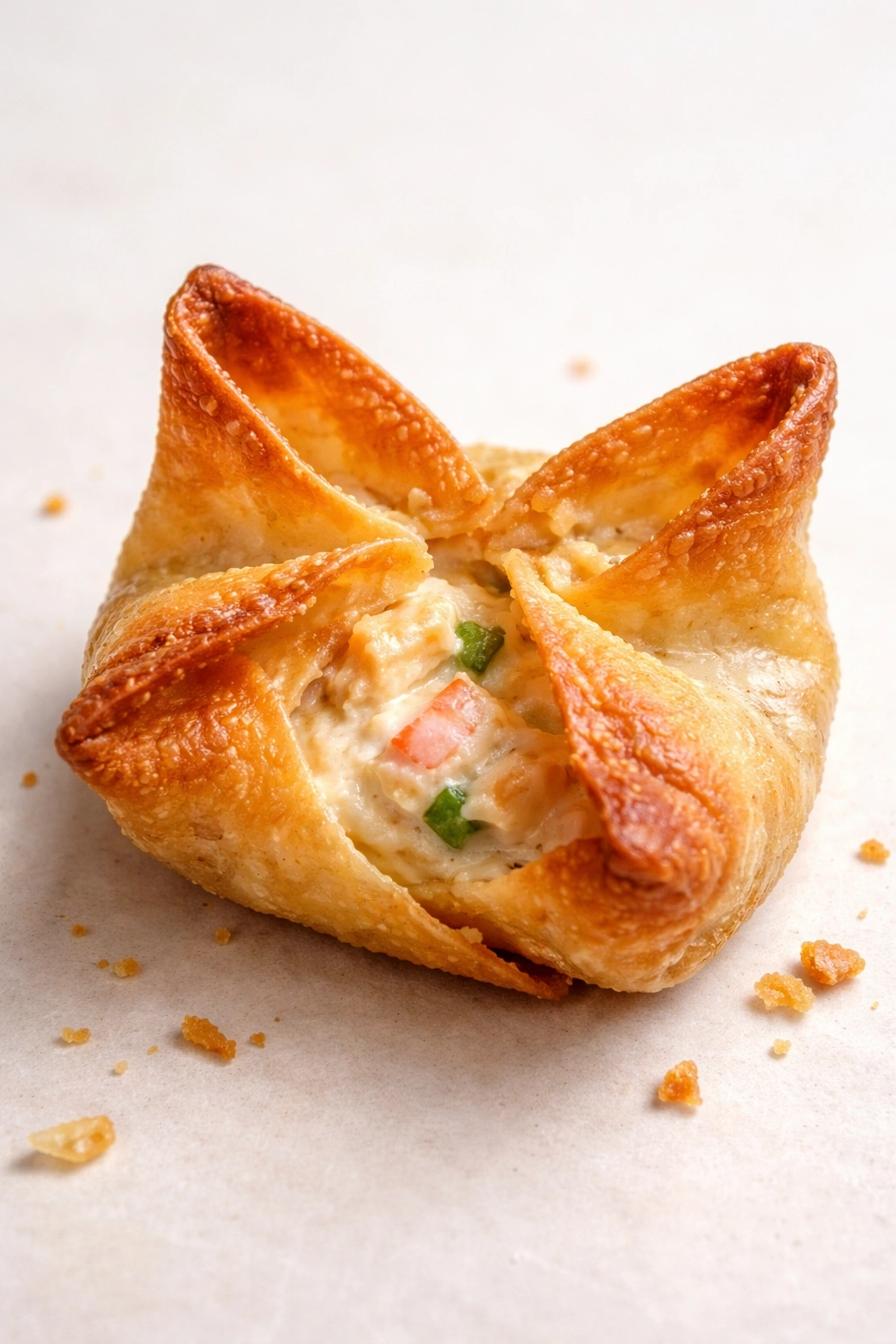Imperfect rangoon with cracked edge exposing filling