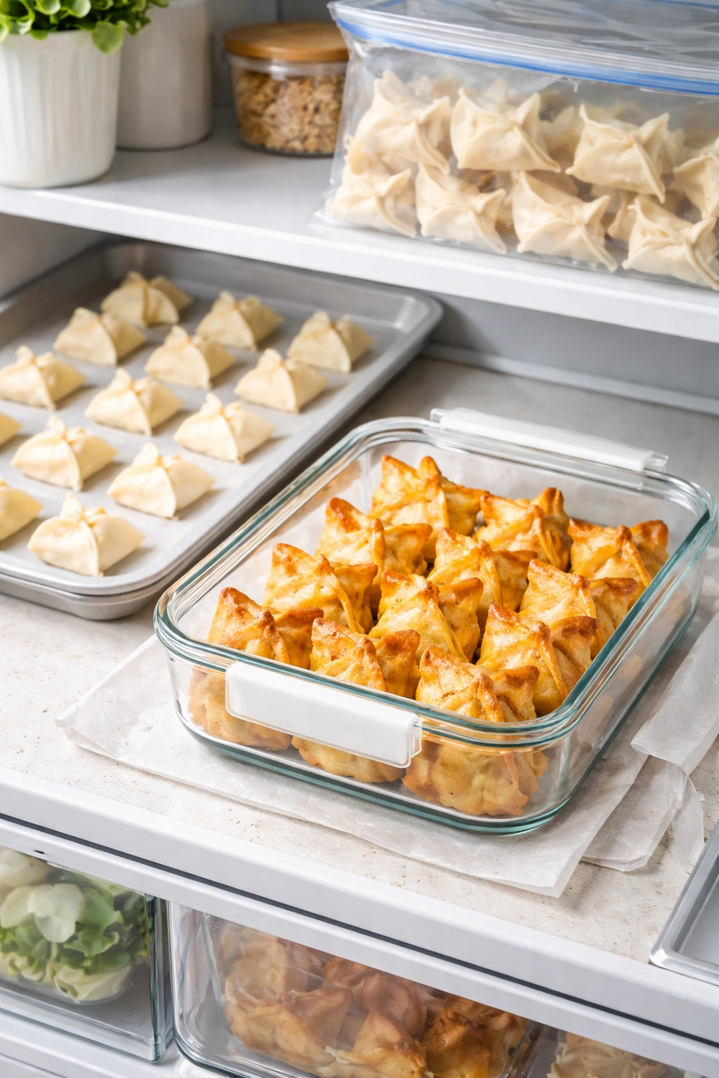 Glass container of baked crab rangoon with a tray of uncooked Rangoon and a freezer bag for freezing, in a bright kitchen.