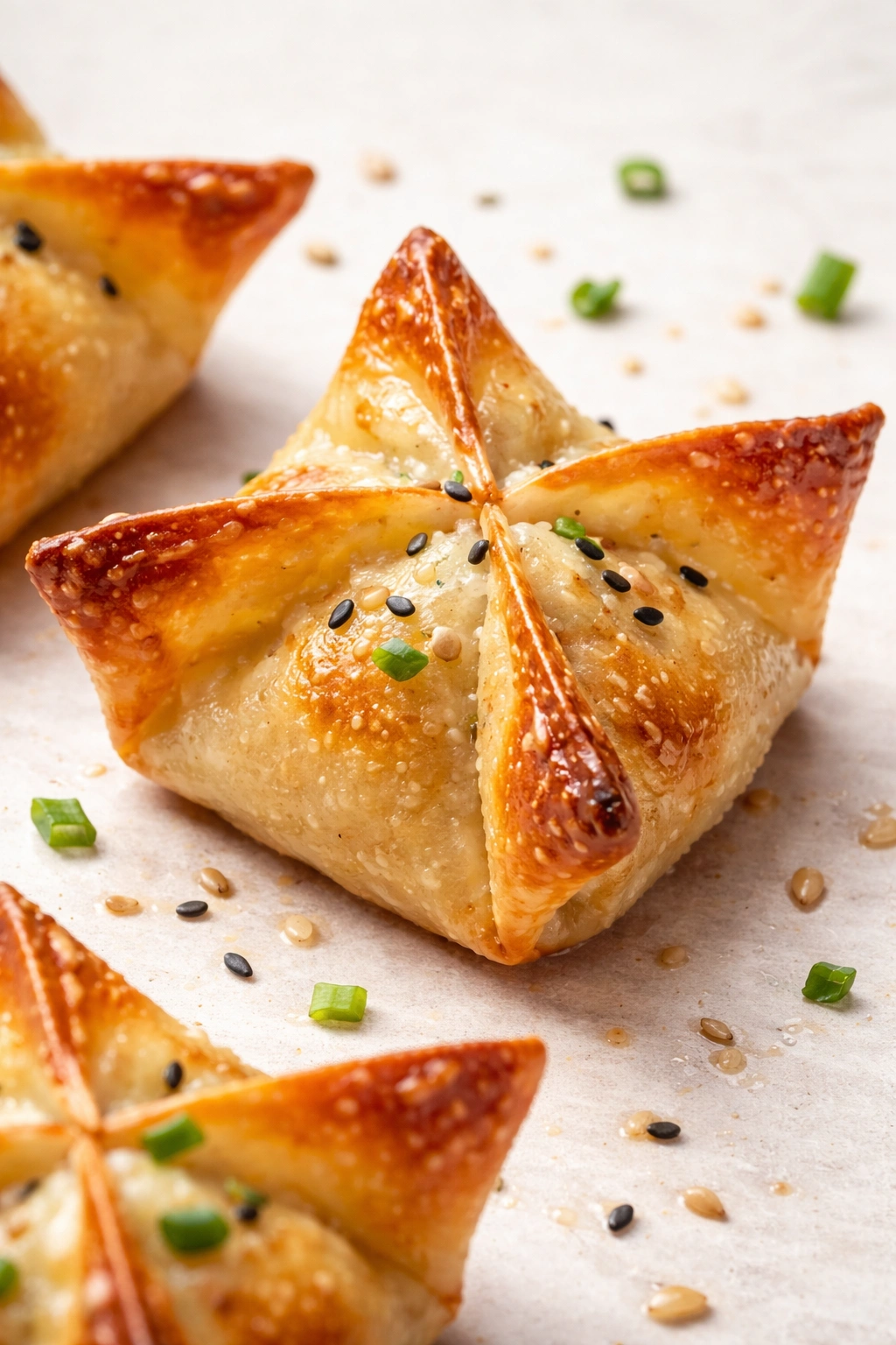 Close-up of a perfectly sealed baked rangoon with glossy crust
