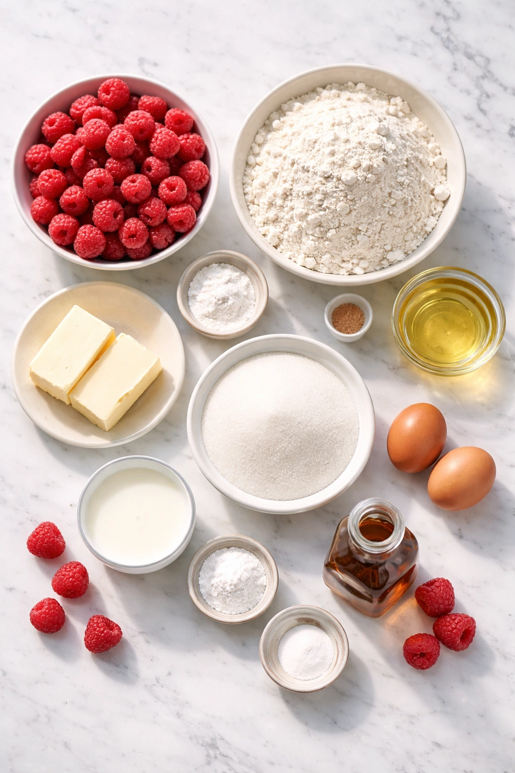 Flat lay of baking ingredients for raspberry cake on a light surface