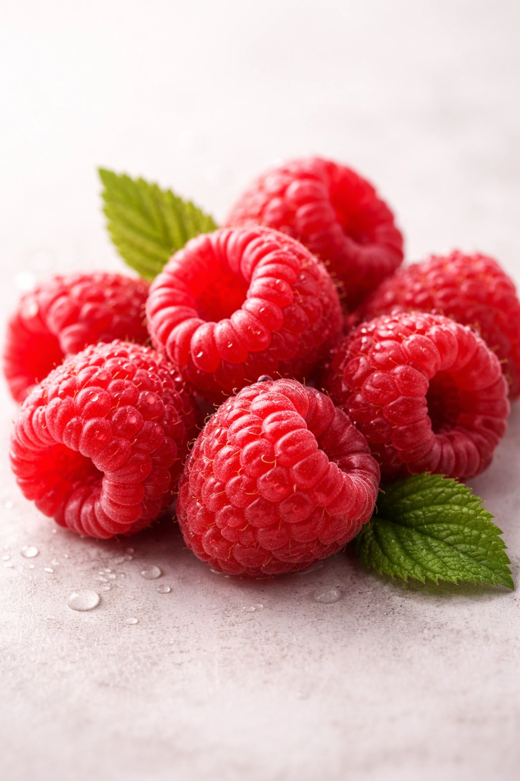 Close-up of fresh raspberries with water droplets on a neutral background