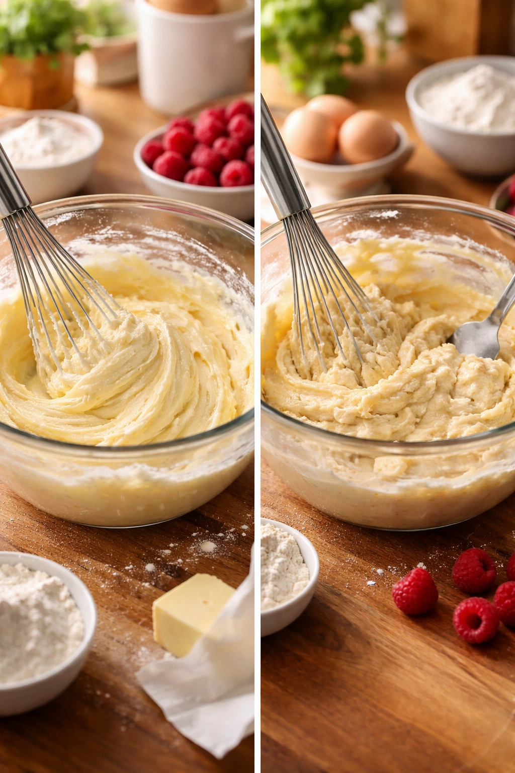 Close-up of two batter bowls comparing overmixing and proper creaming to illustrate common raspberry cake mistakes