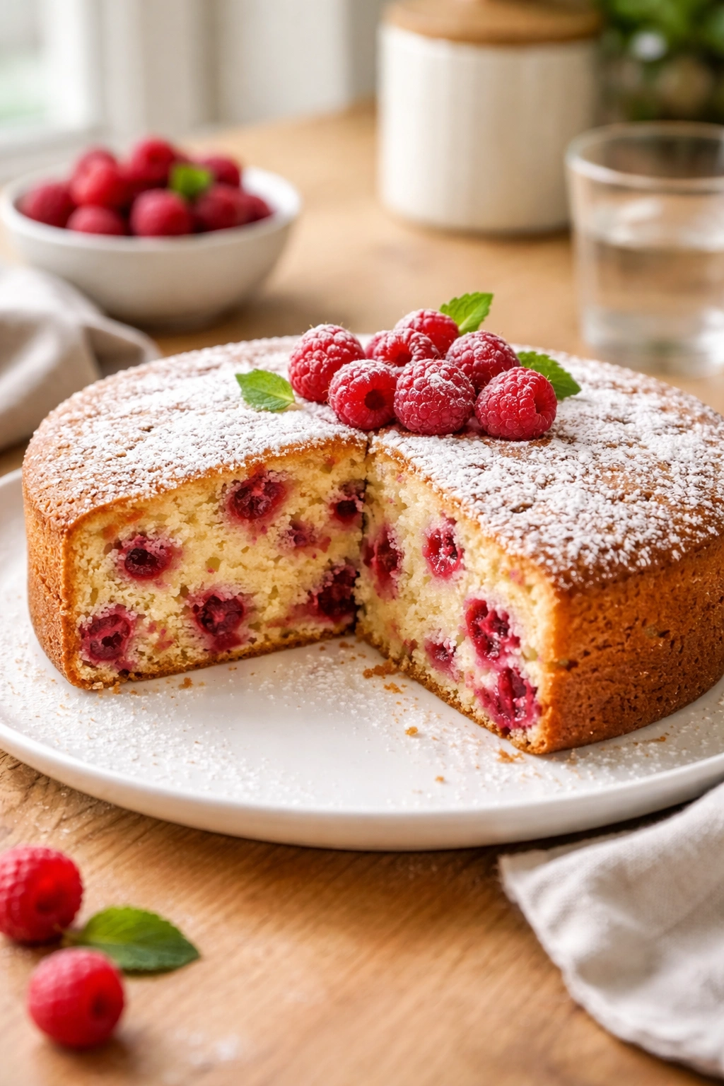 Close-up of a moist raspberry cake with berry pockets on a white plate