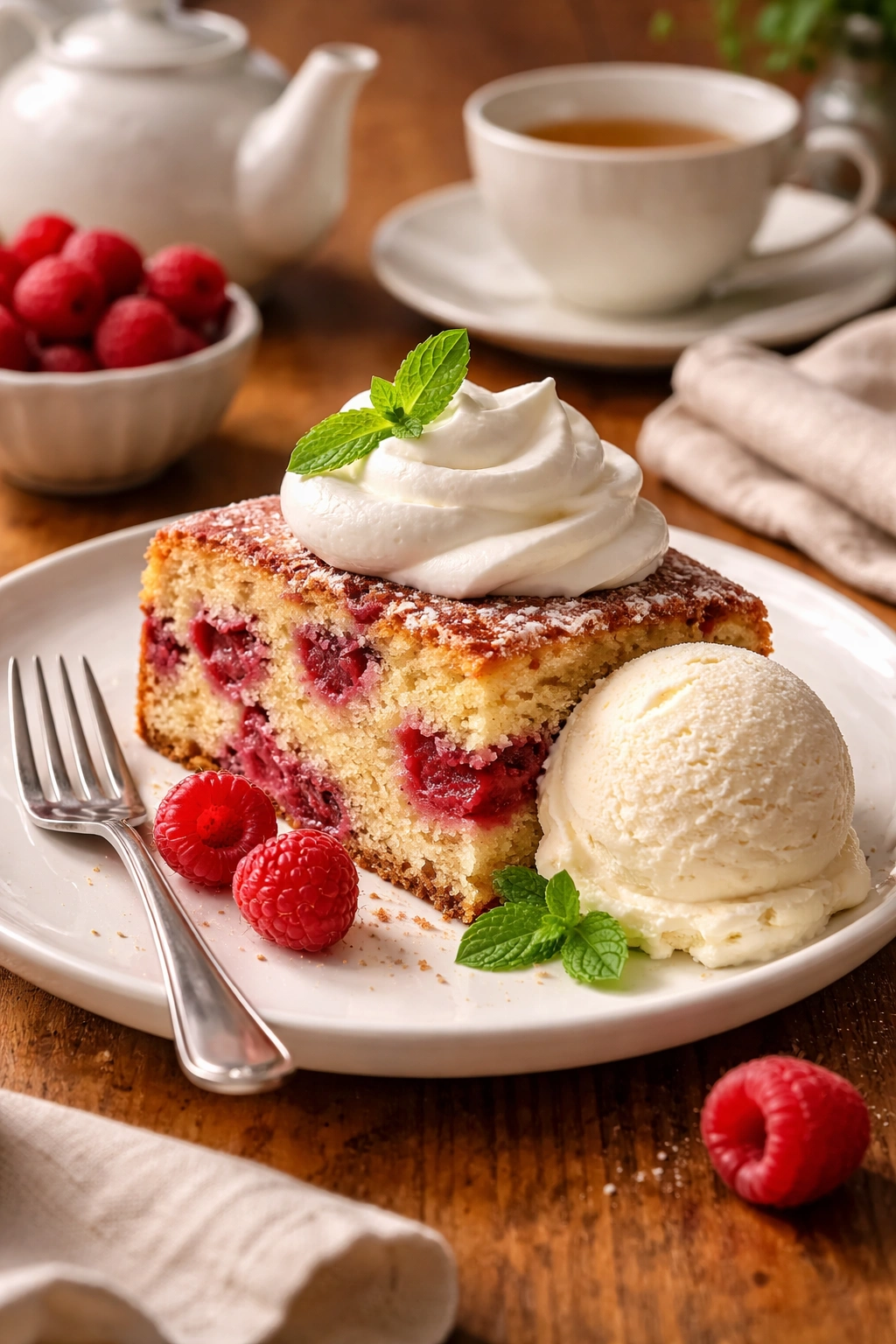 Raspberry cake slice plated with whipped cream and vanilla ice cream