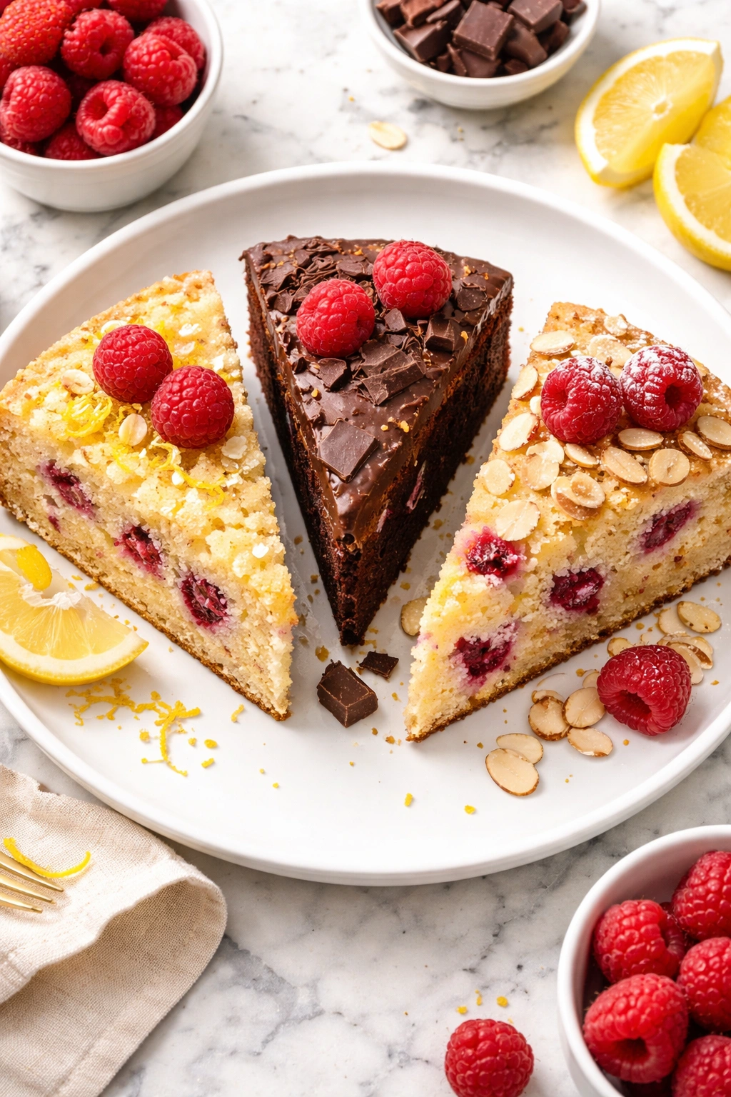 Three raspberry cake slices on a plate showing lemon, chocolate, and almond variations