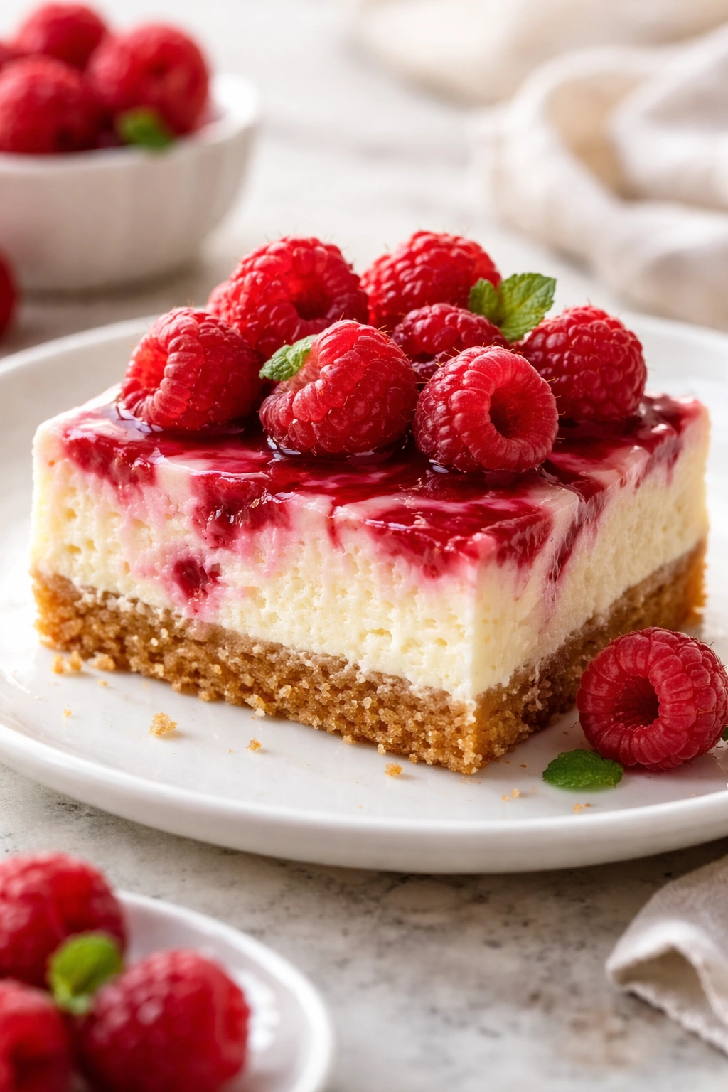 Slice of raspberry cheesecake bar with fresh raspberries on plate