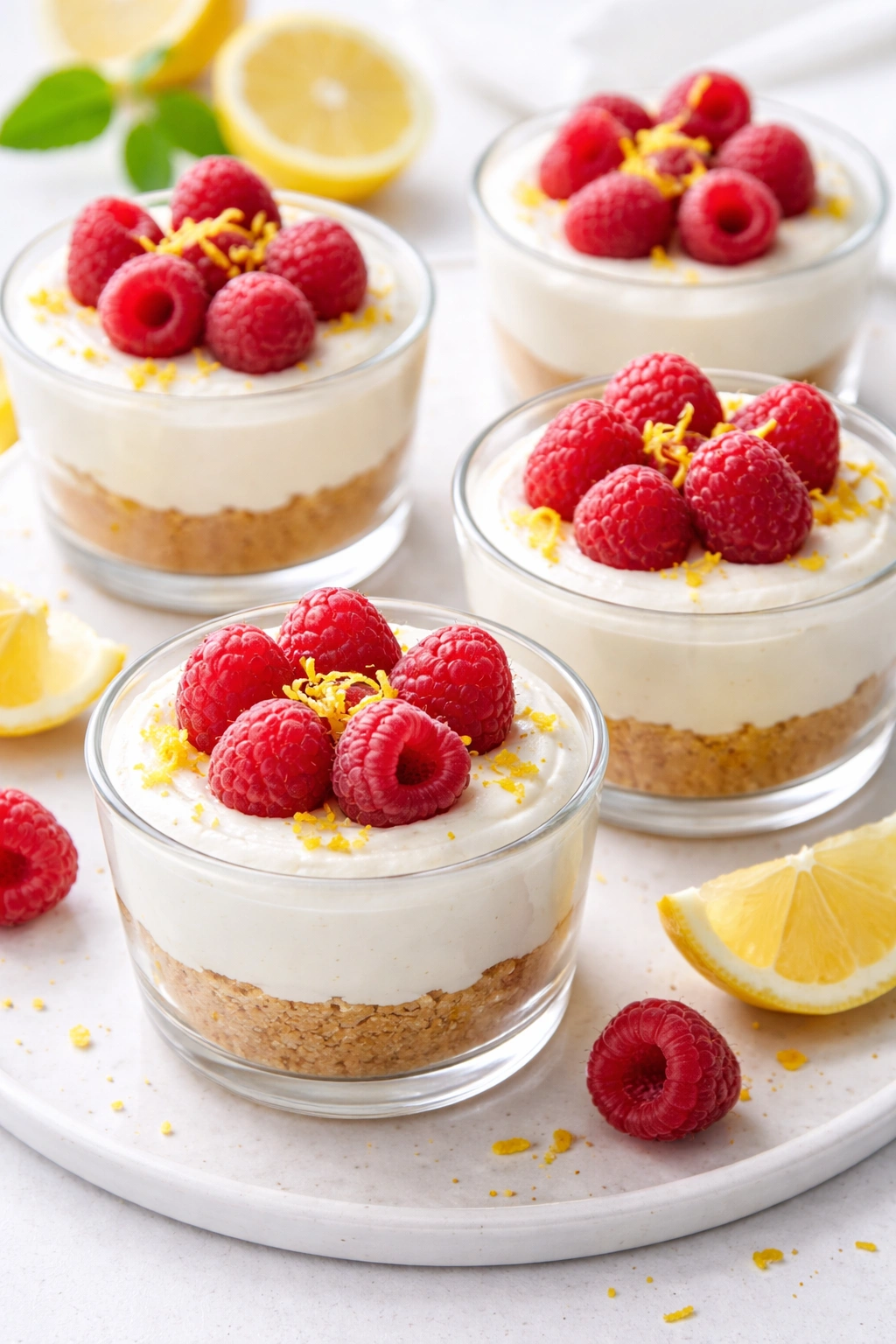 No-bake raspberry lemon cheesecake cups in ramekins with crust and topping.