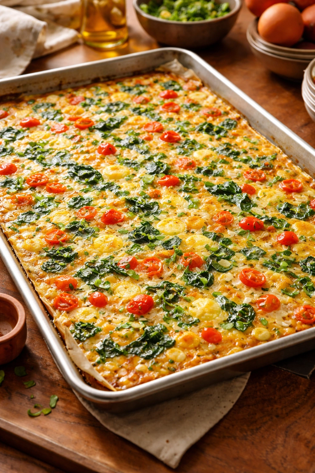 Sheet pan eggs showing balanced fillings within egg custard