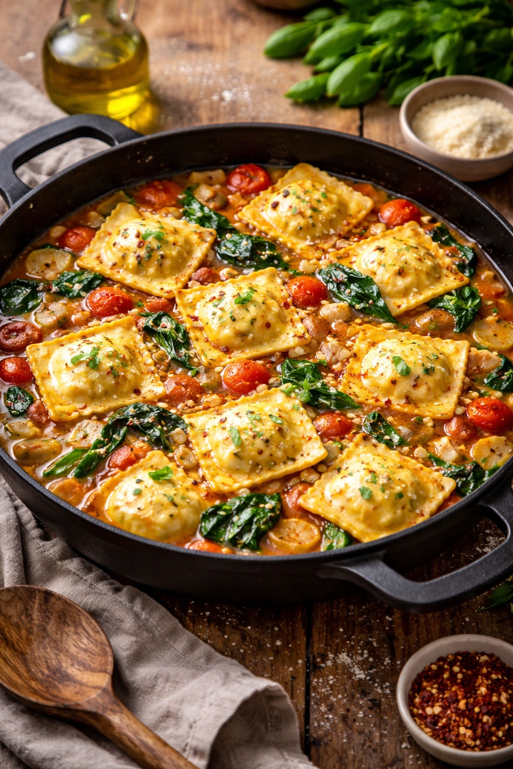 One-Pan Tuscan Ravioli with Beans and Vegetables in skillet