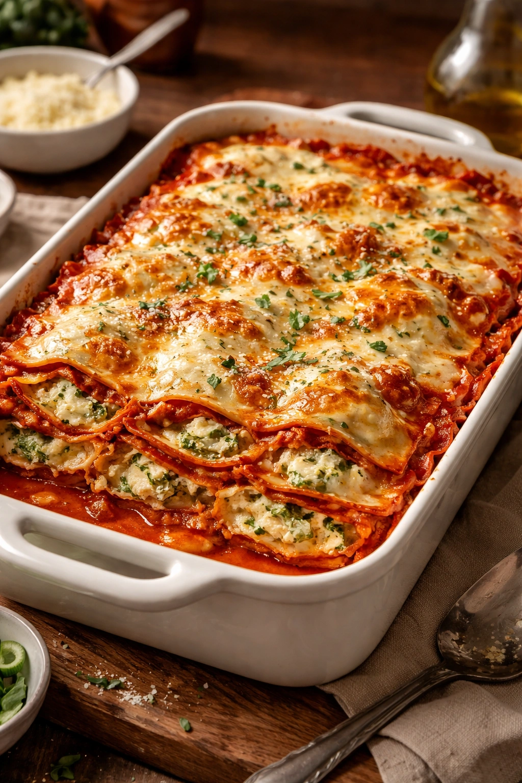 Layered ravioli lasagna in a baking dish with cheese on top