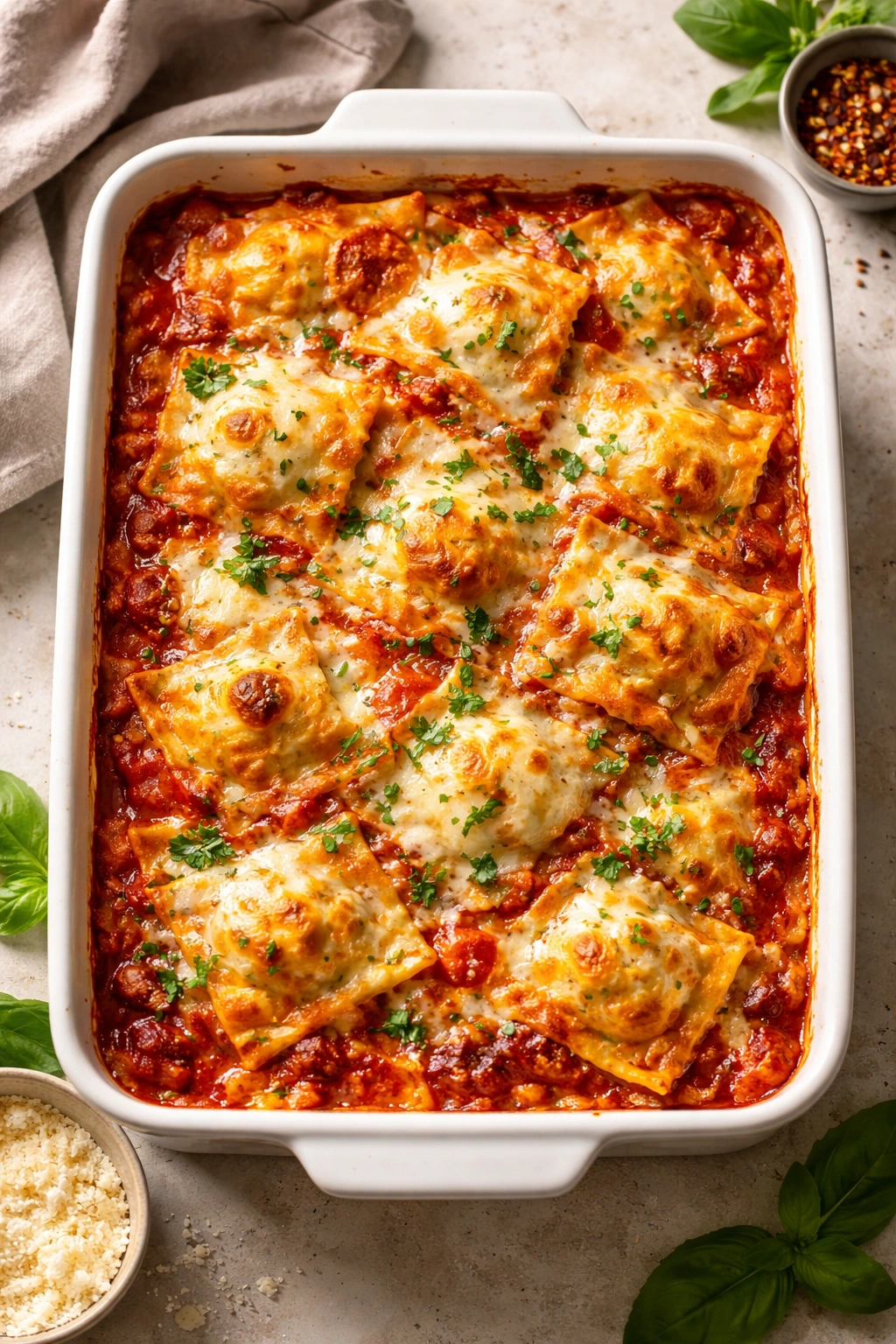 Baked ravioli lasagna in a dish with bubbling mozzarella