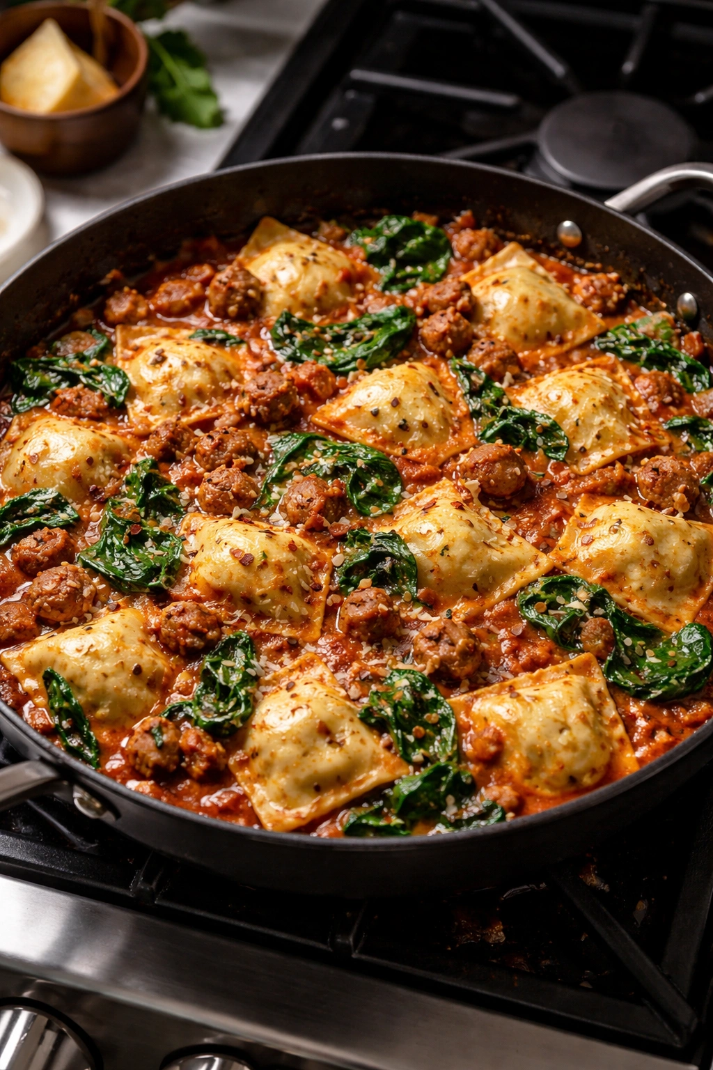 Skillet with sausage and ravioli simmering in tomato sauce